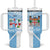 Custom Fiji Tapa Rugby Tumbler With Handle Flying Fijian Blue And White Version