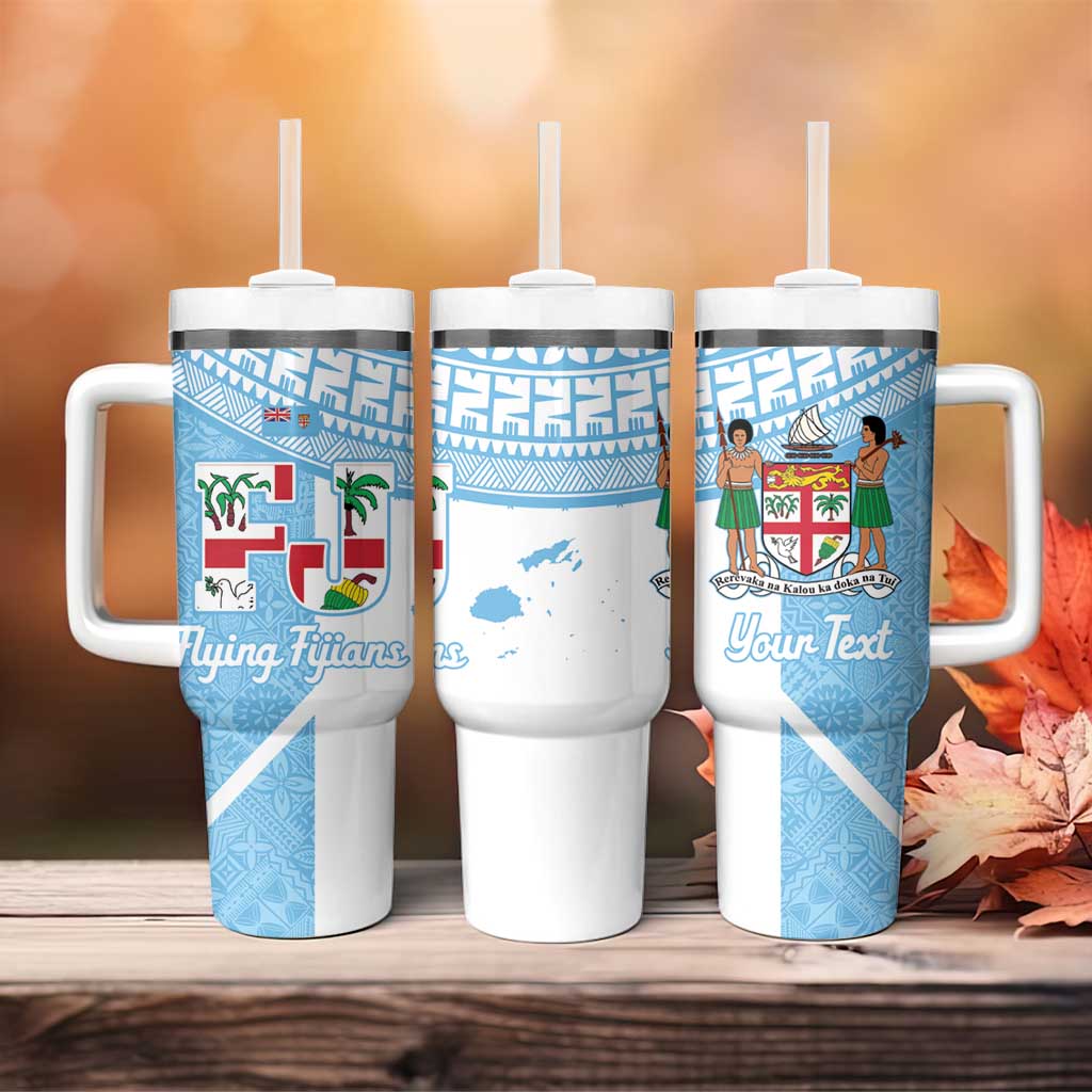 Custom Fiji Tapa Rugby Tumbler With Handle Flying Fijian Blue And White Version