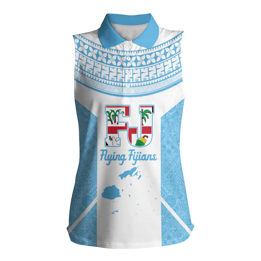 Custom Fiji Tapa Rugby Women Sleeveless Polo Shirt Flying Fijian Blue And White Version