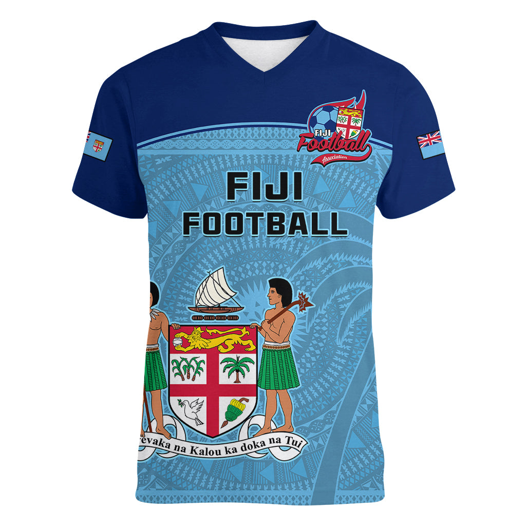 Fiji Football Women V Neck T Shirt Fijian Tapa Pattern Sporty Style LT14 Female Blue - Polynesian Pride