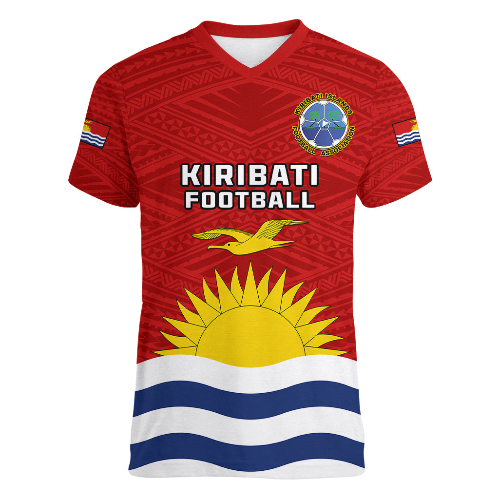 Kiribati Football Women V Neck T Shirt Polynesian Pattern Mix Kiribatian Flag LT14 Female Red - Polynesian Pride