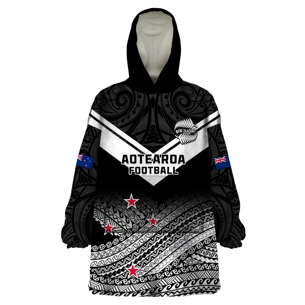 Personalised Aotearoa Football Wearable Blanket Hoodie Go New Zealand Maori Fern Pattern LT14 One Size Black - Polynesian Pride