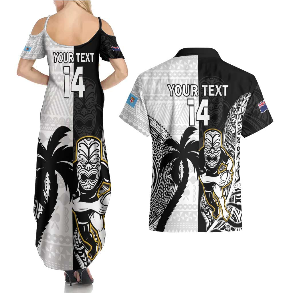 Custom Fiji And New Zealand Rugby Couples Matching Summer Maxi Dress and Hawaiian Shirt Aotearoa Silver Fern Mix Fijian Tapa Pattern