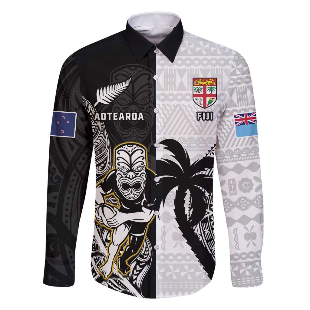 Custom Fiji And New Zealand Rugby Family Matching Long Sleeve Bodycon Dress and Hawaiian Shirt Aotearoa Silver Fern Mix Fijian Tapa Pattern