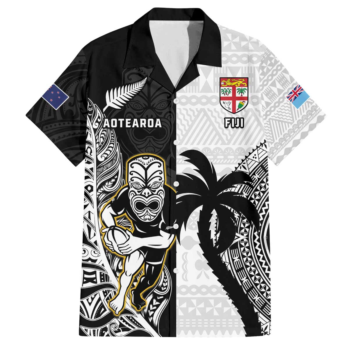 Custom Fiji And New Zealand Rugby Family Matching Puletasi and Hawaiian Shirt Aotearoa Silver Fern Mix Fijian Tapa Pattern