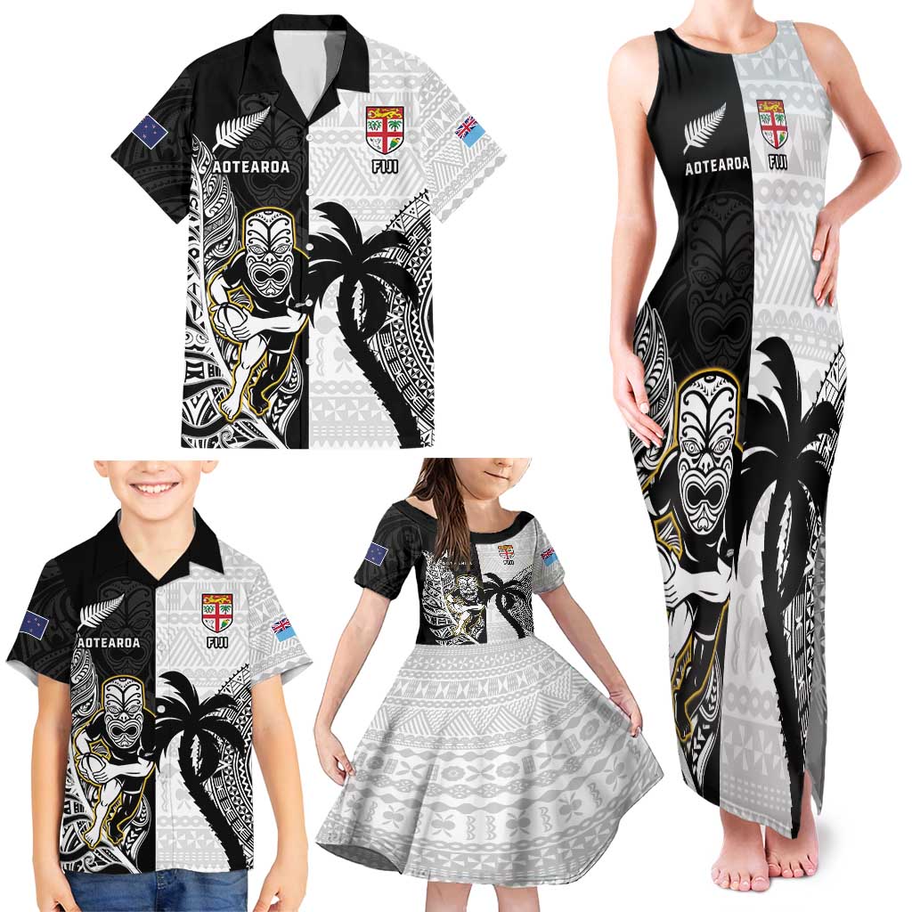 Custom Fiji And New Zealand Rugby Family Matching Tank Maxi Dress and Hawaiian Shirt Aotearoa Silver Fern Mix Fijian Tapa Pattern
