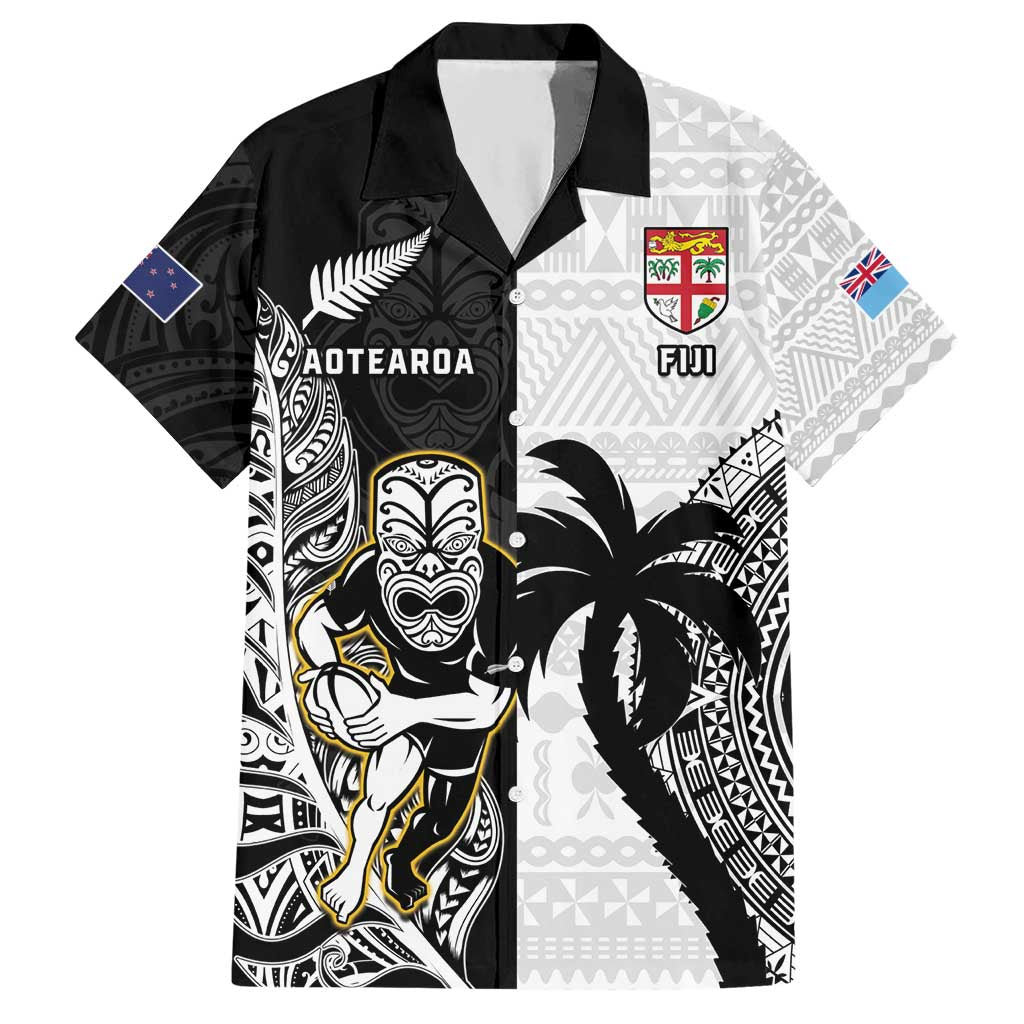 Custom Fiji And New Zealand Rugby Hawaiian Shirt Aotearoa Silver Fern Mix Fijian Tapa Pattern