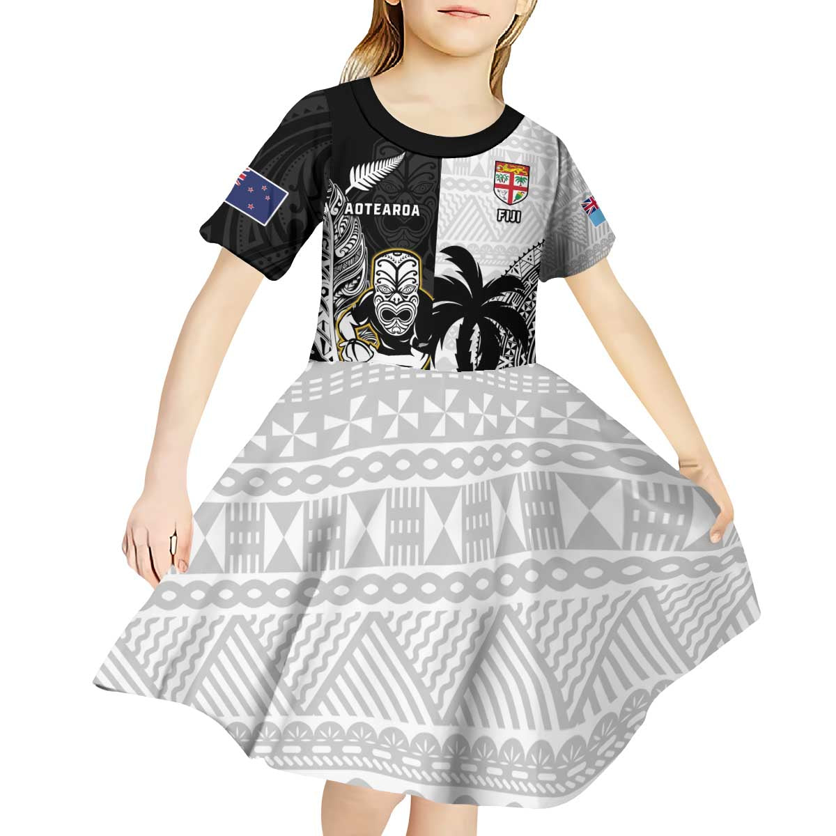 Custom Fiji And New Zealand Rugby Kid Short Sleeve Dress Aotearoa Silver Fern Mix Fijian Tapa Pattern