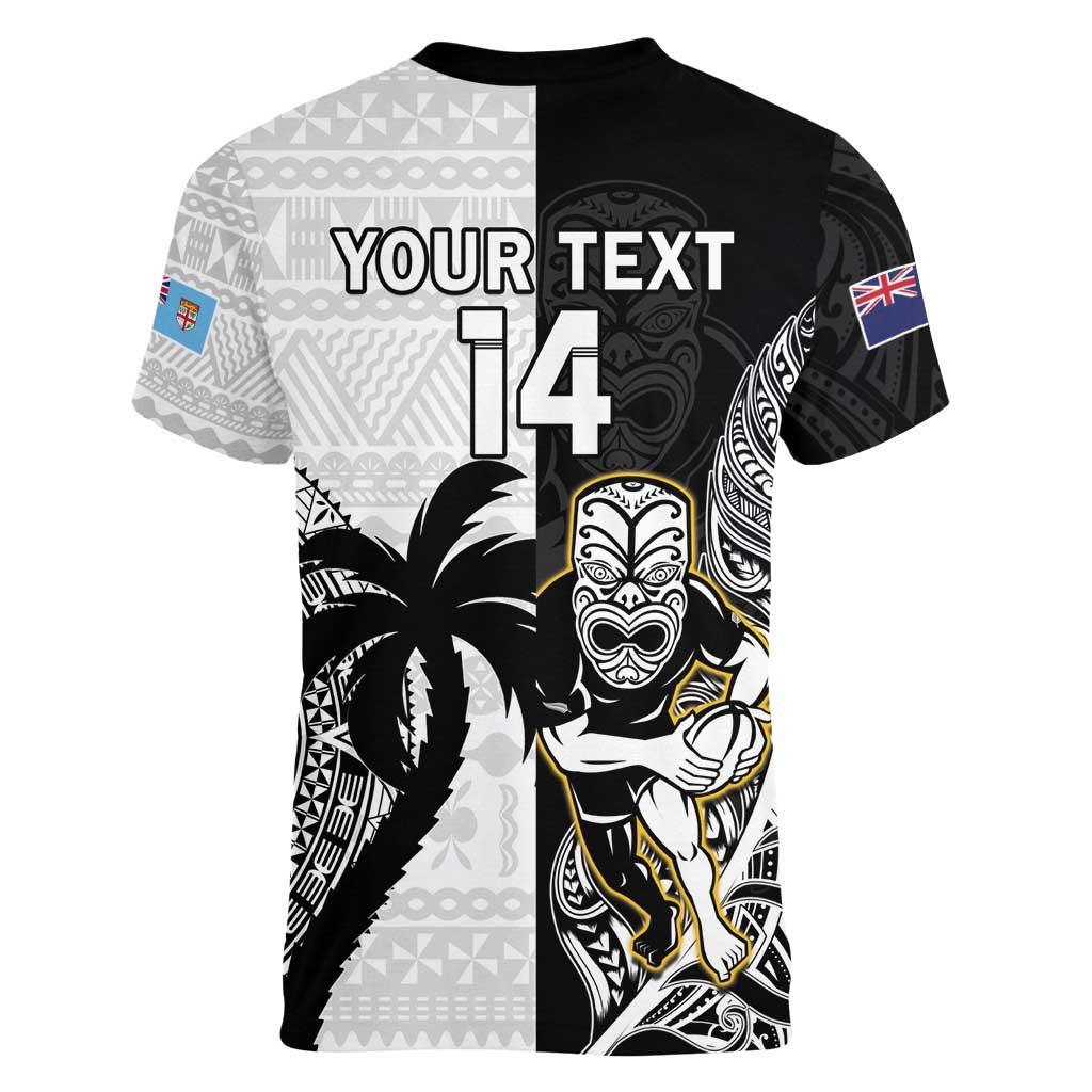 Custom Fiji And New Zealand Rugby Women V-Neck T-Shirt Aotearoa Silver Fern Mix Fijian Tapa Pattern