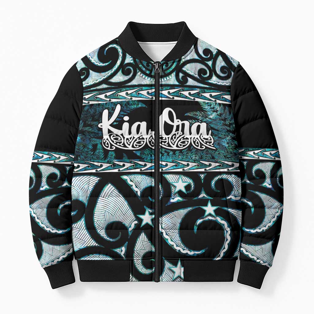 Kia Ora New Zealand Bomber Puffer Jacket Aotearoa Proud Maori Paua Shell Silver Fern - Polynesian Pride