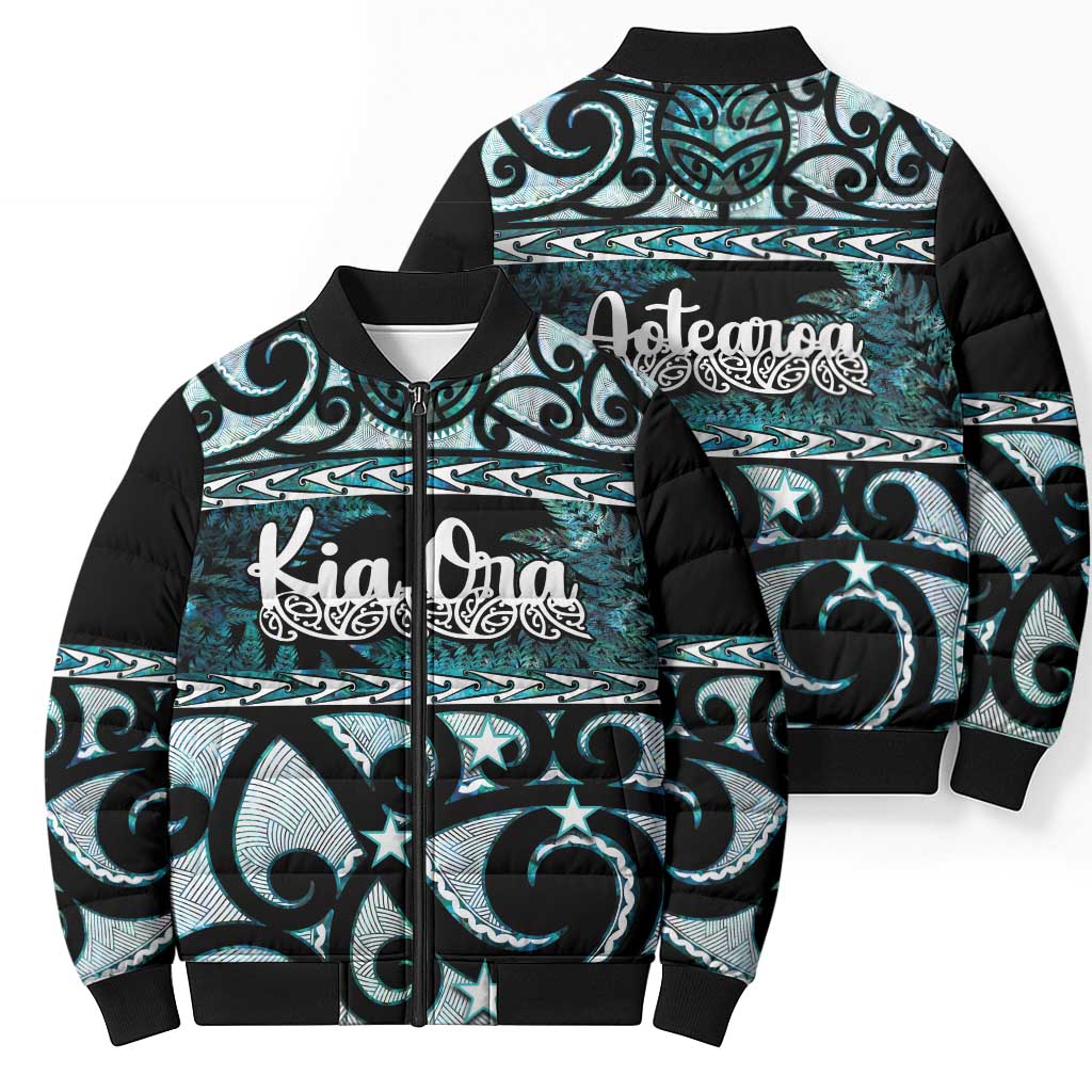 Kia Ora New Zealand Bomber Puffer Jacket Aotearoa Proud Maori Paua Shell Silver Fern - Polynesian Pride