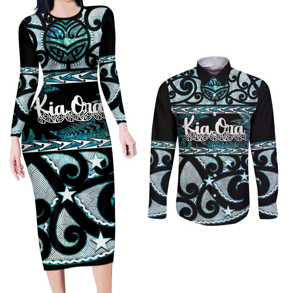 Kia Ora New Zealand Couples Matching Long Sleeve Bodycon Dress and Long Sleeve Button Shirt Aotearoa Proud Maori Paua Shell Silver Fern - Polynesian Pride