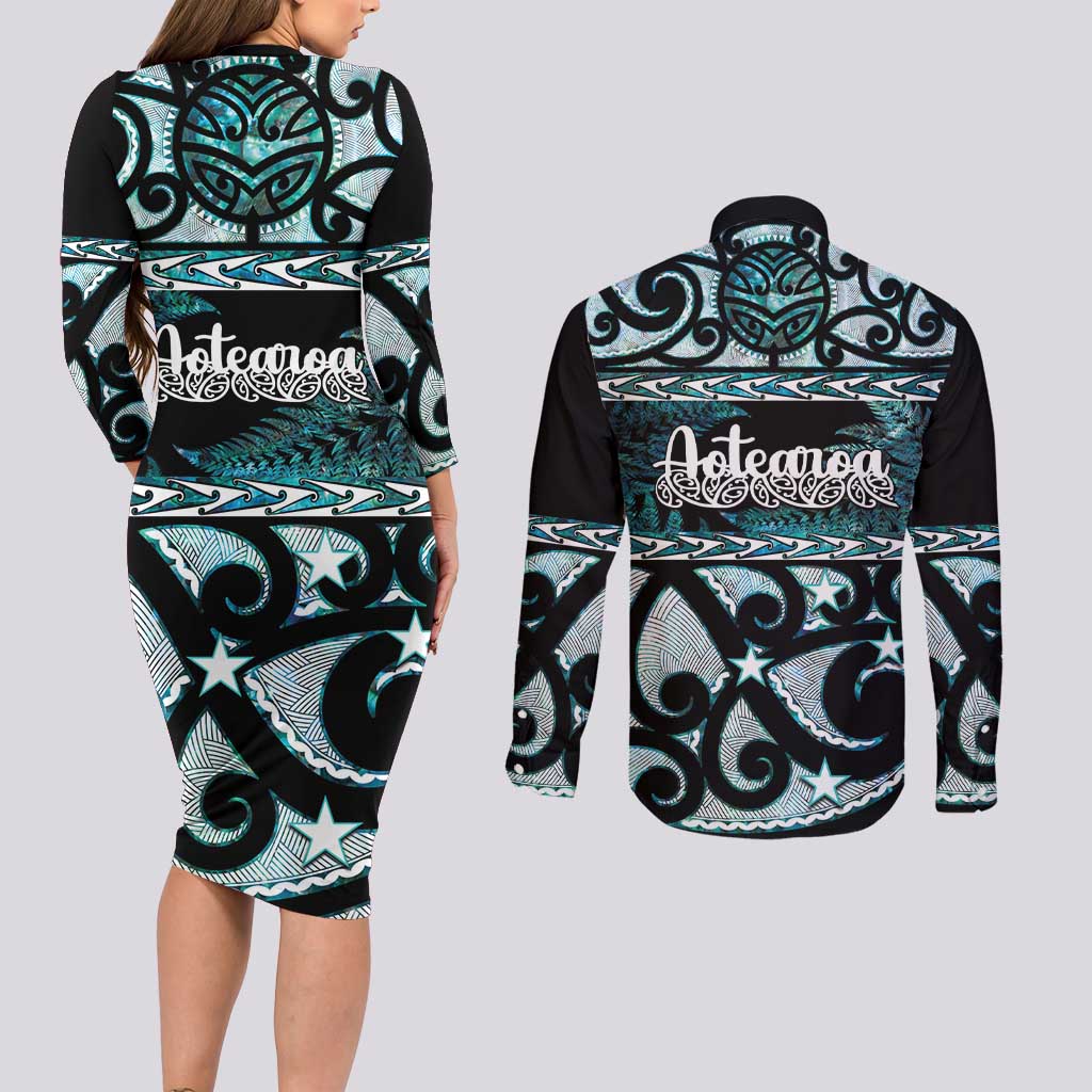 Kia Ora New Zealand Couples Matching Long Sleeve Bodycon Dress and Long Sleeve Button Shirt Aotearoa Proud Maori Paua Shell Silver Fern - Polynesian Pride