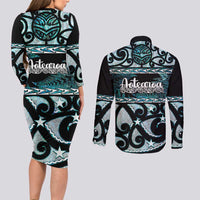 Kia Ora New Zealand Couples Matching Long Sleeve Bodycon Dress and Long Sleeve Button Shirt Aotearoa Proud Maori Paua Shell Silver Fern - Polynesian Pride