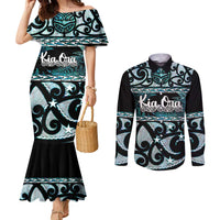 Kia Ora New Zealand Couples Matching Mermaid Dress and Long Sleeve Button Shirt Aotearoa Proud Maori Paua Shell Silver Fern - Polynesian Pride
