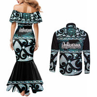 Kia Ora New Zealand Couples Matching Mermaid Dress and Long Sleeve Button Shirt Aotearoa Proud Maori Paua Shell Silver Fern - Polynesian Pride