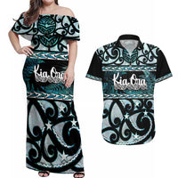 Kia Ora New Zealand Couples Matching Off Shoulder Maxi Dress and Hawaiian Shirt Aotearoa Proud Maori Paua Shell Silver Fern - Polynesian Pride
