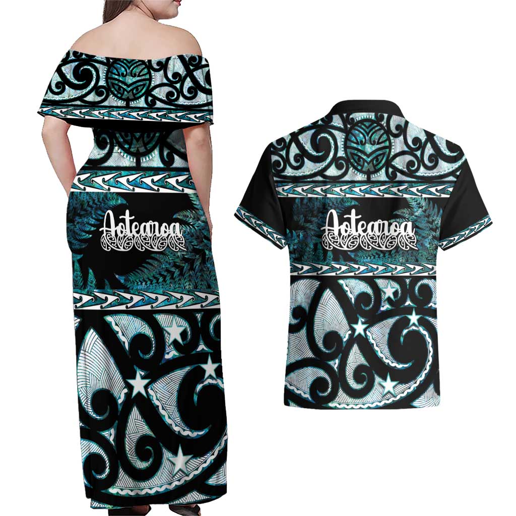 Kia Ora New Zealand Couples Matching Off Shoulder Maxi Dress and Hawaiian Shirt Aotearoa Proud Maori Paua Shell Silver Fern - Polynesian Pride