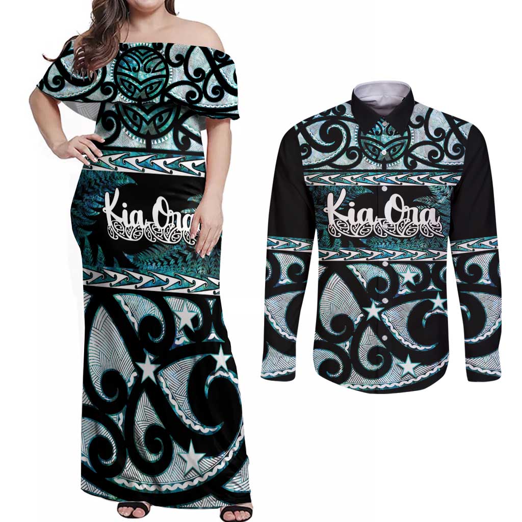 Kia Ora New Zealand Couples Matching Off Shoulder Maxi Dress and Long Sleeve Button Shirt Aotearoa Proud Maori Paua Shell Silver Fern - Polynesian Pride