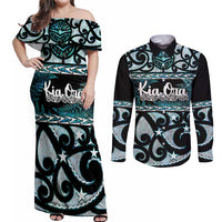 Kia Ora New Zealand Couples Matching Off Shoulder Maxi Dress and Long Sleeve Button Shirt Aotearoa Proud Maori Paua Shell Silver Fern - Polynesian Pride