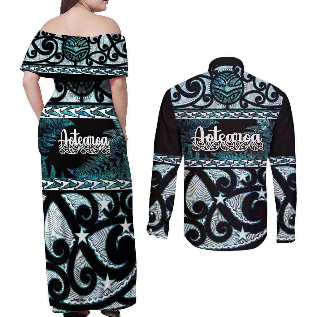 Kia Ora New Zealand Couples Matching Off Shoulder Maxi Dress and Long Sleeve Button Shirt Aotearoa Proud Maori Paua Shell Silver Fern - Polynesian Pride