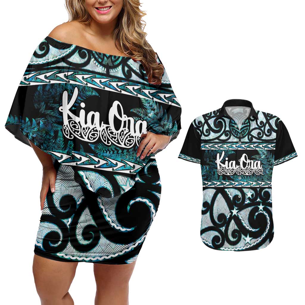 Kia Ora New Zealand Couples Matching Off Shoulder Short Dress and Hawaiian Shirt Aotearoa Proud Maori Paua Shell Silver Fern - Polynesian Pride
