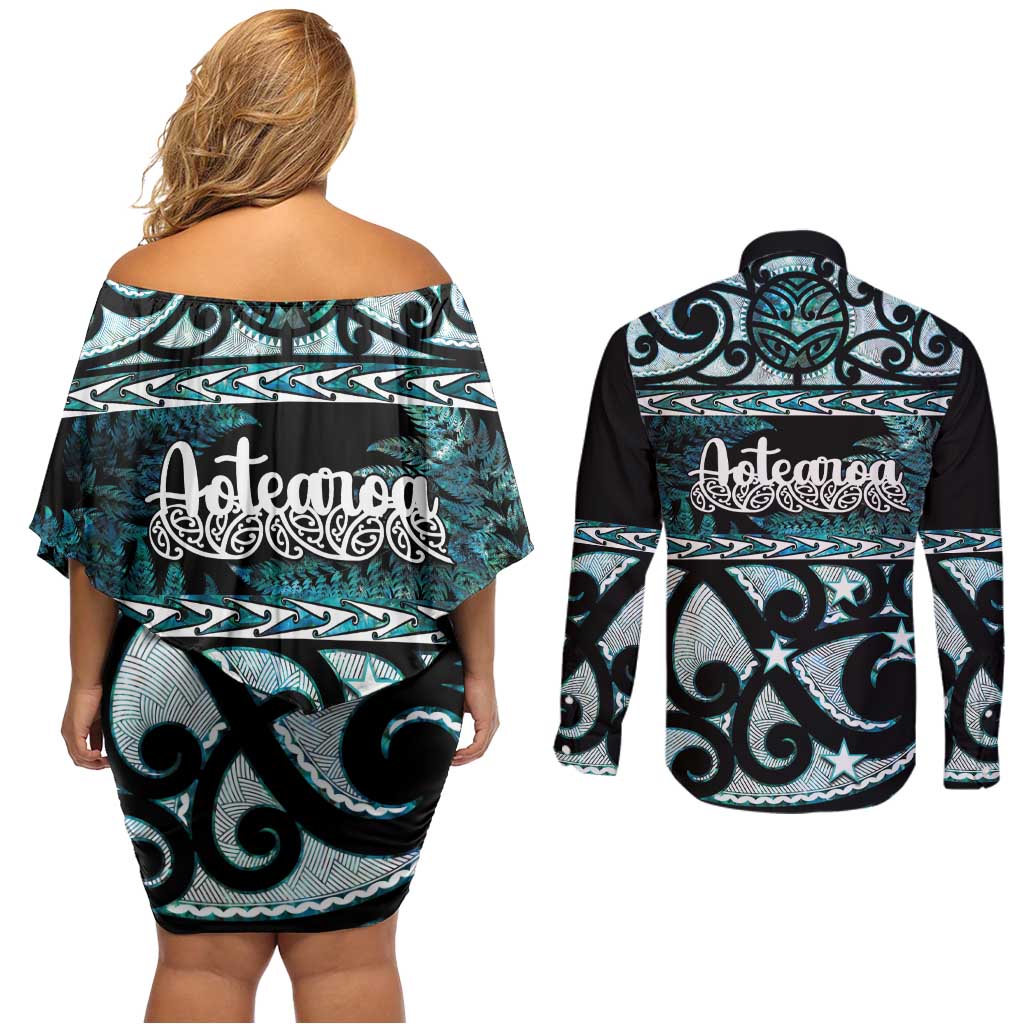 Kia Ora New Zealand Couples Matching Off Shoulder Short Dress and Long Sleeve Button Shirt Aotearoa Proud Maori Paua Shell Silver Fern - Polynesian Pride