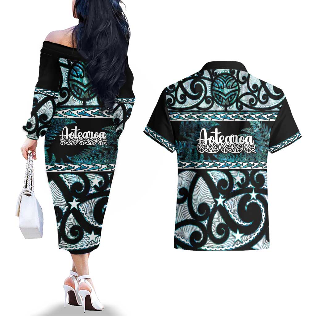 Kia Ora New Zealand Couples Matching Off The Shoulder Long Sleeve Dress and Hawaiian Shirt Aotearoa Proud Maori Paua Shell Silver Fern - Polynesian Pride