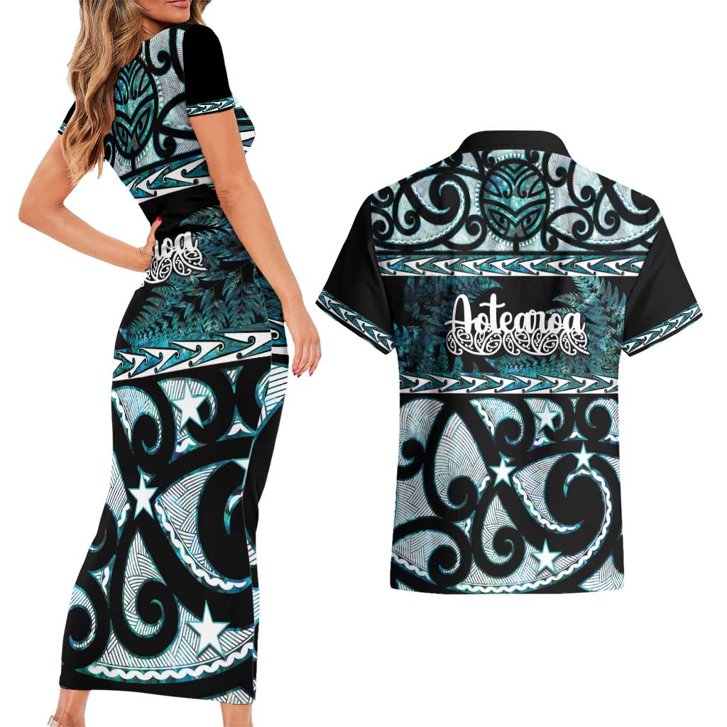 Kia Ora New Zealand Couples Matching Short Sleeve Bodycon Dress and Hawaiian Shirt Aotearoa Proud Maori Paua Shell Silver Fern - Polynesian Pride