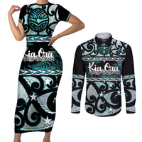 Kia Ora New Zealand Couples Matching Short Sleeve Bodycon Dress and Long Sleeve Button Shirt Aotearoa Proud Maori Paua Shell Silver Fern - Polynesian Pride