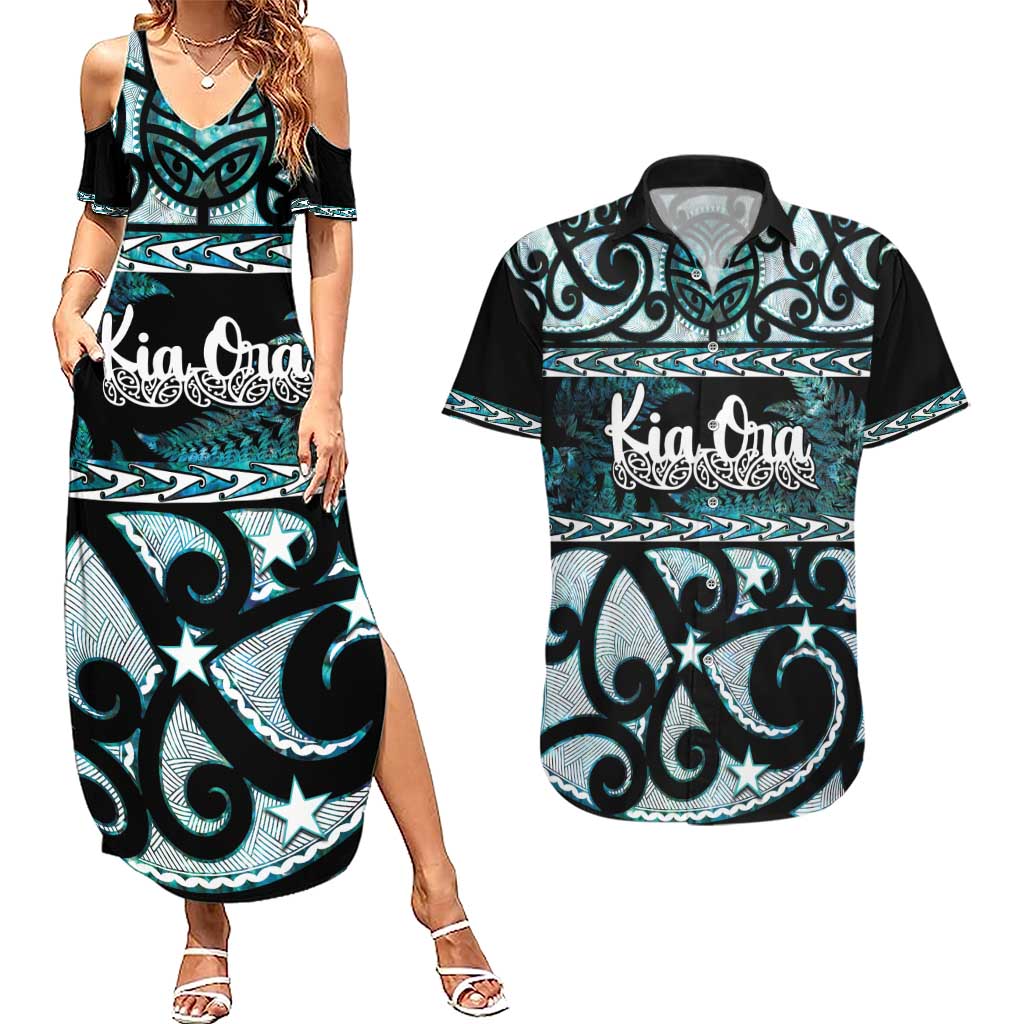 Kia Ora New Zealand Couples Matching Summer Maxi Dress and Hawaiian Shirt Aotearoa Proud Maori Paua Shell Silver Fern - Polynesian Pride