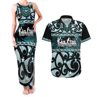 Kia Ora New Zealand Couples Matching Tank Maxi Dress and Hawaiian Shirt Aotearoa Proud Maori Paua Shell Silver Fern - Polynesian Pride