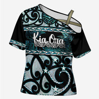 Kia Ora New Zealand Cross Shoulder Shirt Aotearoa Proud Maori Paua Shell Silver Fern - Polynesian Pride