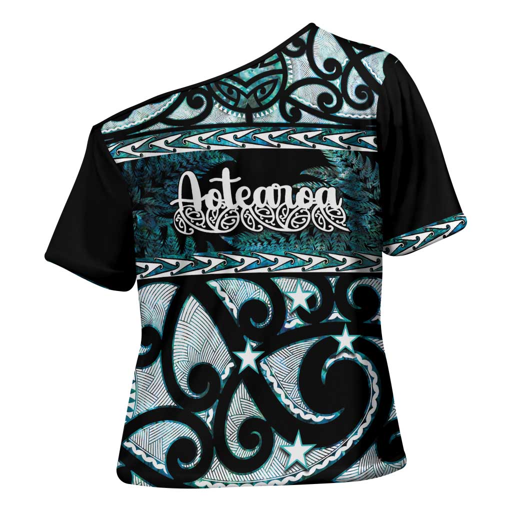 Kia Ora New Zealand Cross Shoulder Shirt Aotearoa Proud Maori Paua Shell Silver Fern - Polynesian Pride