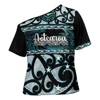 Kia Ora New Zealand Cross Shoulder Shirt Aotearoa Proud Maori Paua Shell Silver Fern - Polynesian Pride