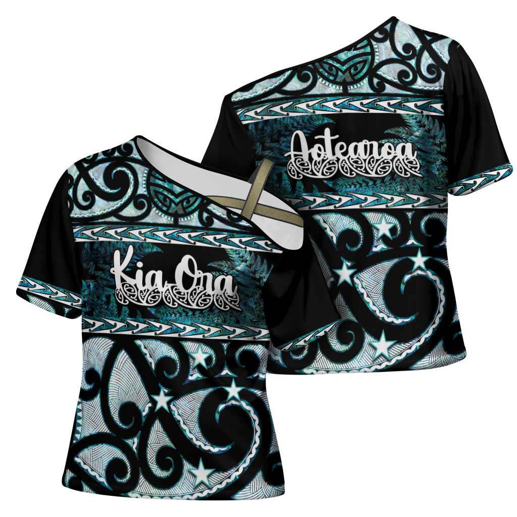 Kia Ora New Zealand Cross Shoulder Shirt Aotearoa Proud Maori Paua Shell Silver Fern - Polynesian Pride