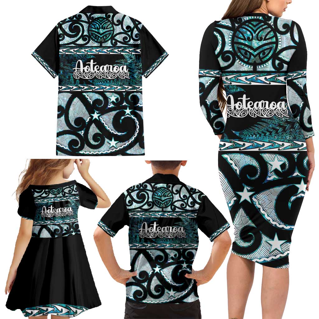 Kia Ora New Zealand Family Matching Long Sleeve Bodycon Dress and Hawaiian Shirt Aotearoa Proud Maori Paua Shell Silver Fern - Polynesian Pride