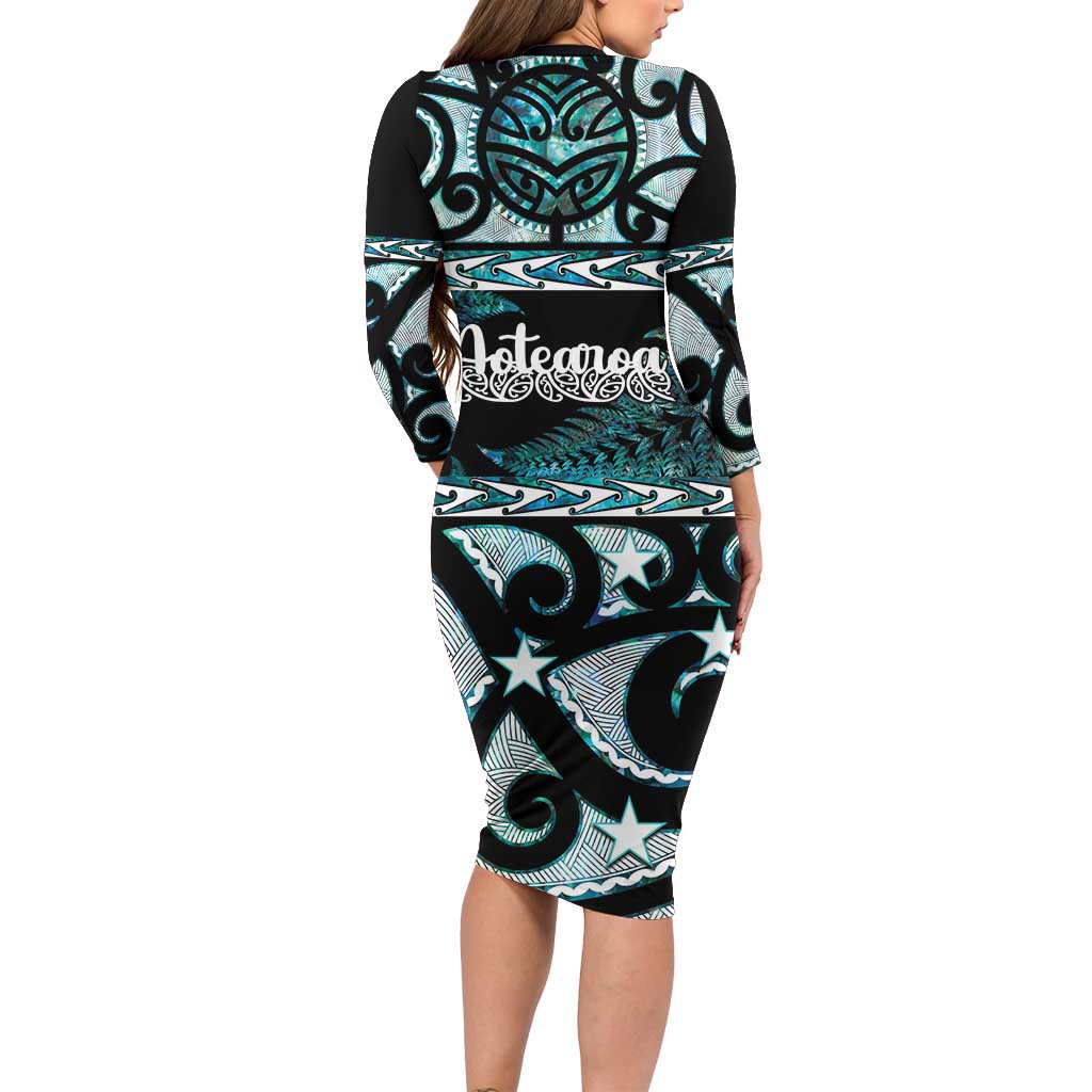 Kia Ora New Zealand Family Matching Long Sleeve Bodycon Dress and Hawaiian Shirt Aotearoa Proud Maori Paua Shell Silver Fern - Polynesian Pride