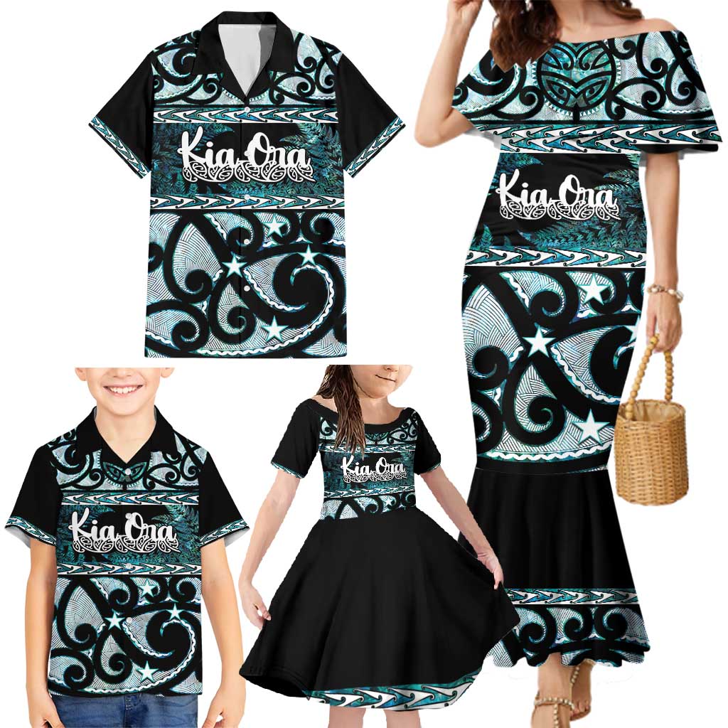 Kia Ora New Zealand Family Matching Mermaid Dress and Hawaiian Shirt Aotearoa Proud Maori Paua Shell Silver Fern - Polynesian Pride