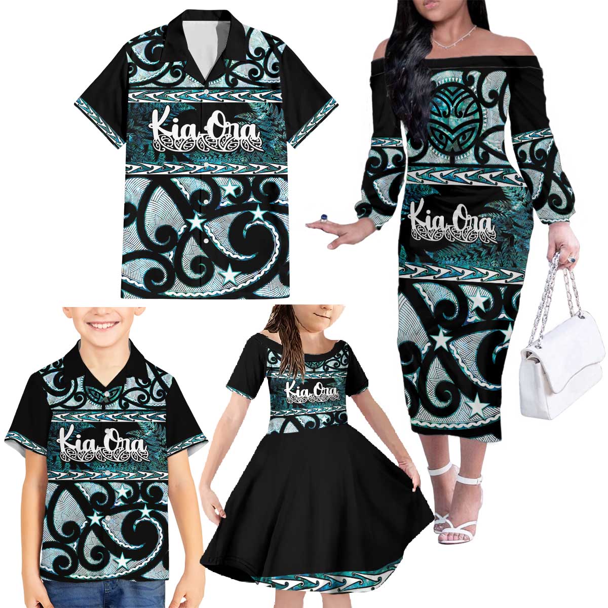 Kia Ora New Zealand Family Matching Off The Shoulder Long Sleeve Dress and Hawaiian Shirt Aotearoa Proud Maori Paua Shell Silver Fern - Polynesian Pride