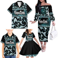 Kia Ora New Zealand Family Matching Off The Shoulder Long Sleeve Dress and Hawaiian Shirt Aotearoa Proud Maori Paua Shell Silver Fern - Polynesian Pride
