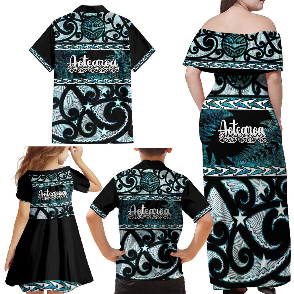 Kia Ora New Zealand Family Matching Off Shoulder Maxi Dress and Hawaiian Shirt Aotearoa Proud Maori Paua Shell Silver Fern - Polynesian Pride
