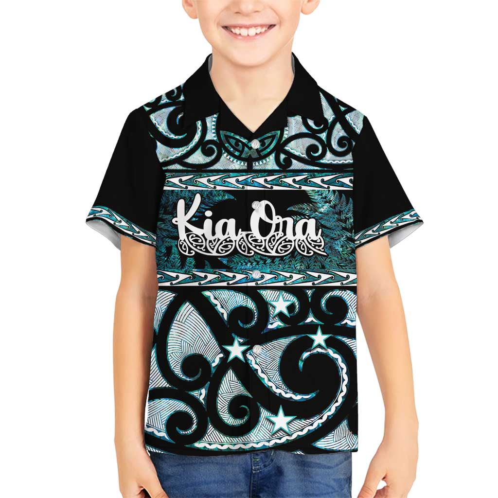 Kia Ora New Zealand Family Matching Off Shoulder Short Dress and Hawaiian Shirt Aotearoa Proud Maori Paua Shell Silver Fern - Polynesian Pride