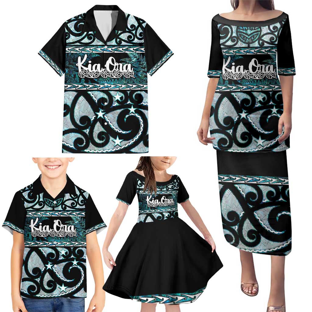 Kia Ora New Zealand Family Matching Puletasi and Hawaiian Shirt Aotearoa Proud Maori Paua Shell Silver Fern - Polynesian Pride