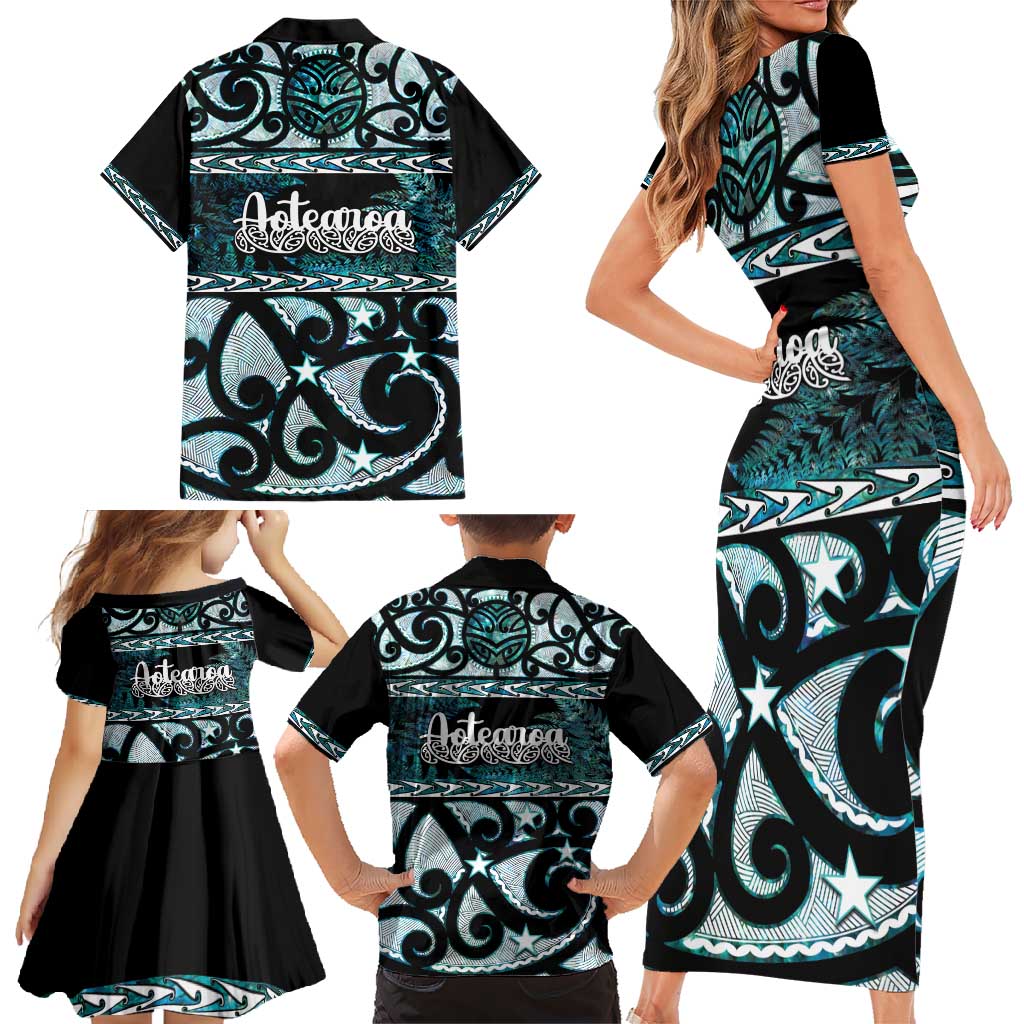 Kia Ora New Zealand Family Matching Short Sleeve Bodycon Dress and Hawaiian Shirt Aotearoa Proud Maori Paua Shell Silver Fern - Polynesian Pride