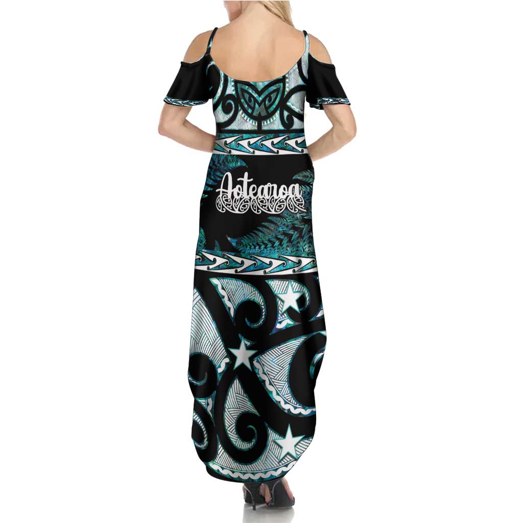 Kia Ora New Zealand Family Matching Summer Maxi Dress and Hawaiian Shirt Aotearoa Proud Maori Paua Shell Silver Fern - Polynesian Pride