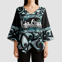 Kia Ora New Zealand Kimono Sleeve Blouse Aotearoa Proud Maori Paua Shell Silver Fern - Polynesian Pride
