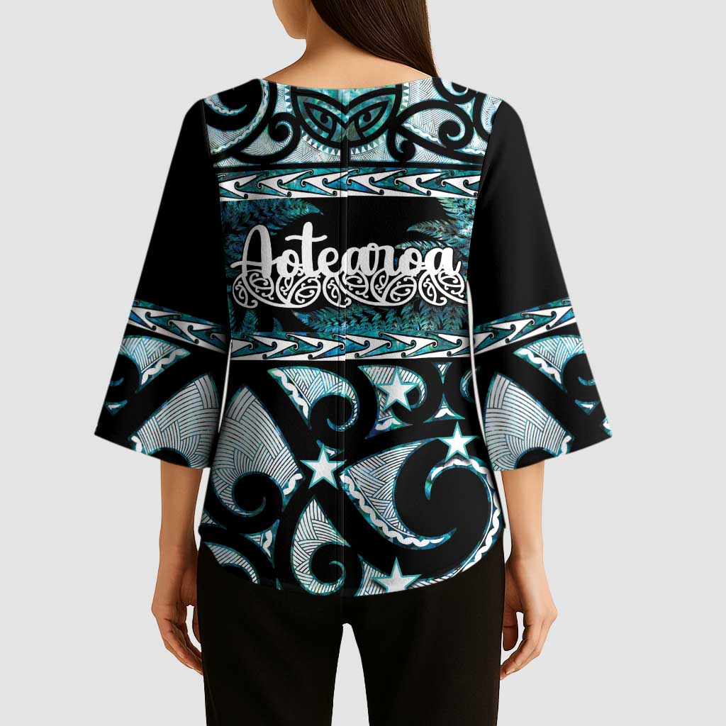 Kia Ora New Zealand Kimono Sleeve Blouse Aotearoa Proud Maori Paua Shell Silver Fern - Polynesian Pride