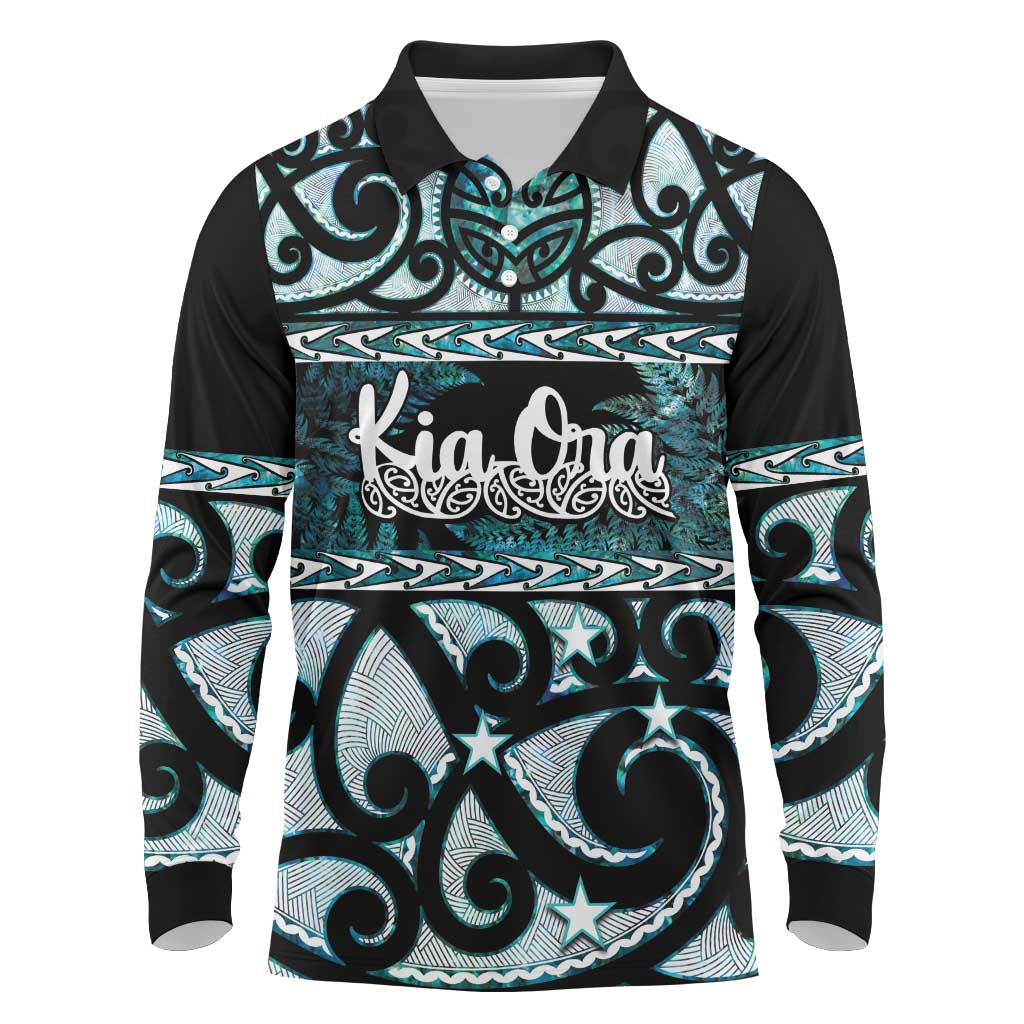 Kia Ora New Zealand Long Sleeve Polo Shirt Aotearoa Proud Maori Paua Shell Silver Fern - Polynesian Pride