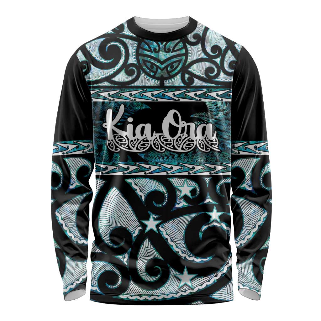Kia Ora New Zealand Long Sleeve Shirt Aotearoa Proud Maori Paua Shell Silver Fern - Polynesian Pride